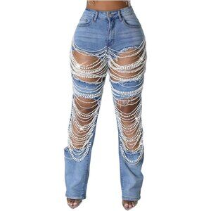 Women’s Ripped High Waisted Denim Jeans Pearl Rhinestones Casual Streetwear